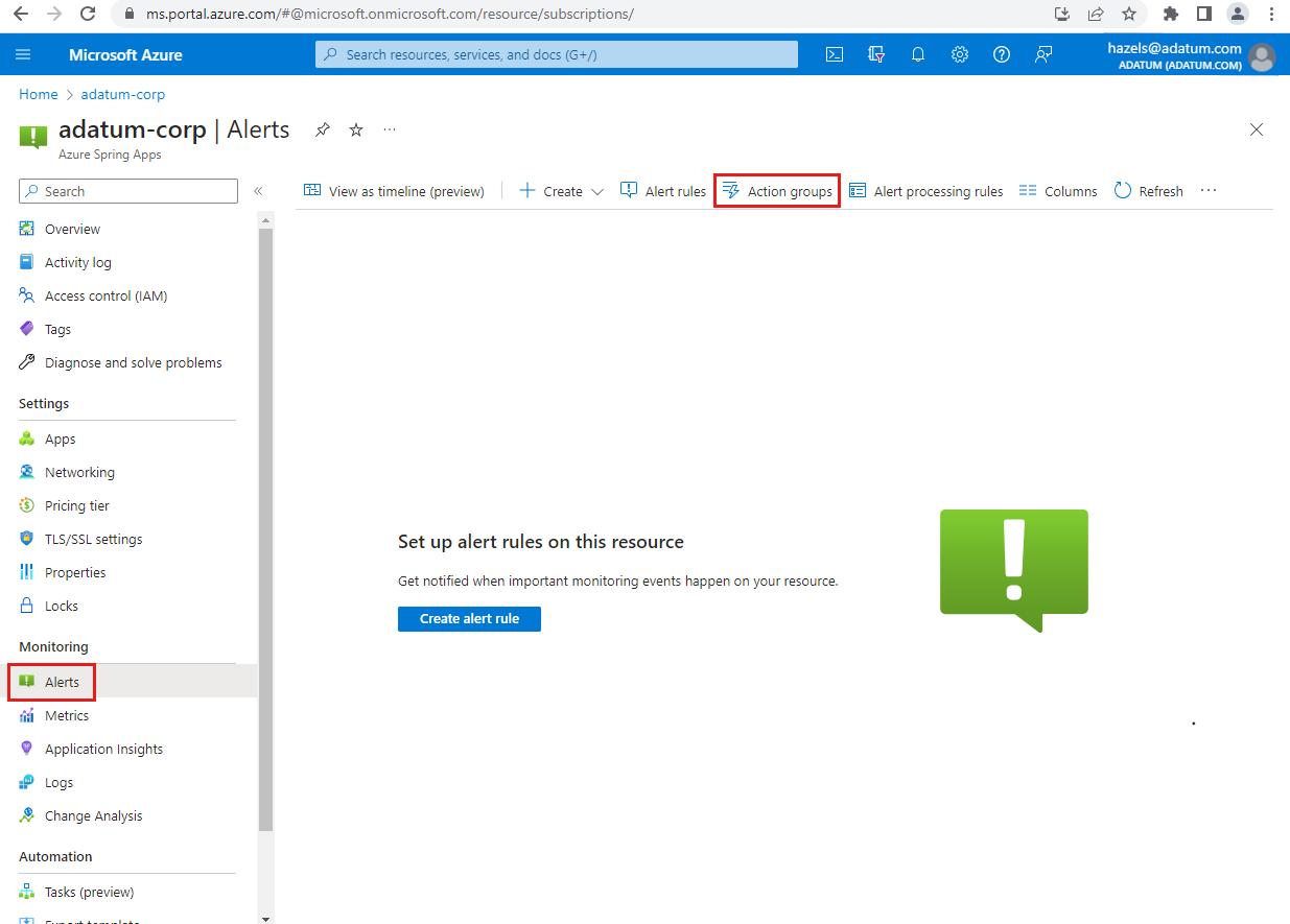 Screenshot der Seite „Warnungen“ im Azure-Portal mit hervorgehobener Schaltfläche „Aktionsgruppen“.