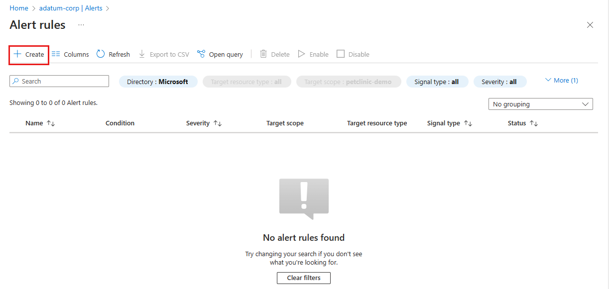 Screenshot der Seite „Warnungsregeln“ im Azure-Portal mit hervorgehobener Schaltfläche „Erstellen“.