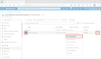 Screenshot, der zeigt, wie Sie im Azure-Portal auf Einstellungen für die geteilte Zugriffssignatur des Containers zugreifen.