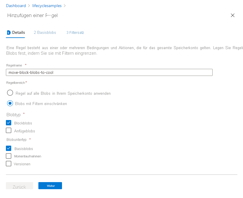 Seite mit Details zum Hinzufügen einer Regel in der Lebenszyklusverwaltung im Azure-Portal