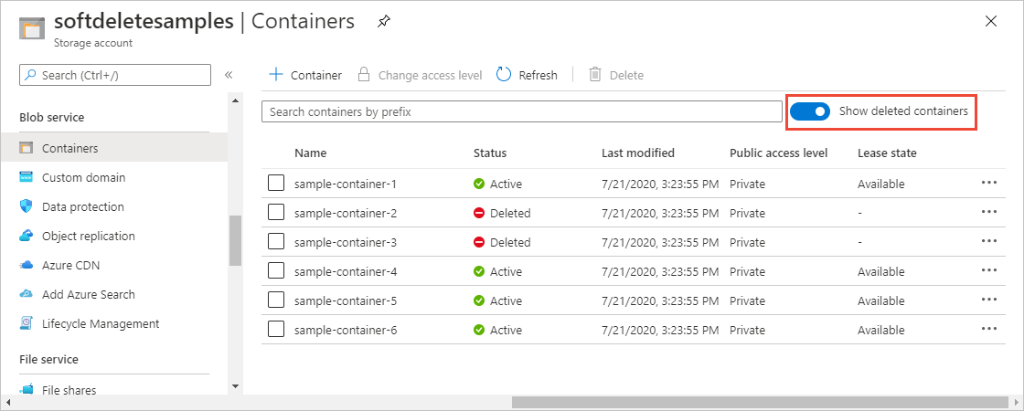 Screenshot: Anzeigen vorläufig gelöschter Container im Azure-Portal