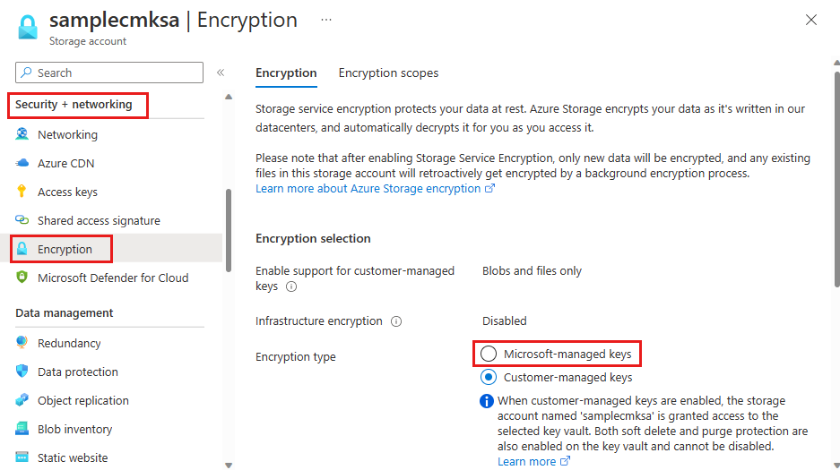 Der Screenshot zeigt, wie Sie zu von Microsoft verwalteten Schlüsseln für ein Speicherkonto wechseln.