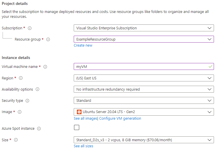 Screenshot: Eingeben der Projekt- und Instanzdetails zum Erstellen einer neuen VM