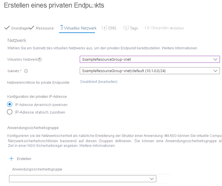 Screenshot: Hinzufügen der Konfiguration für virtuelles Netzwerk und private IP-Adresse zu einem neuen privaten Endpunkt