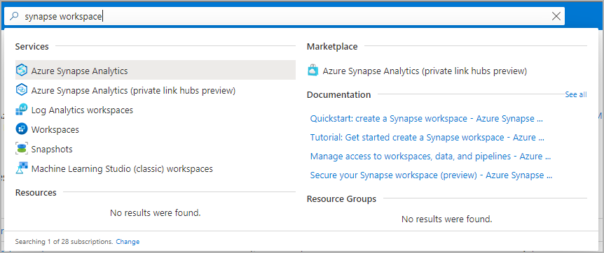 Screenshot: Suchleiste im Azure-Portal mit der Eingabe „Synapse-Arbeitsbereiche“