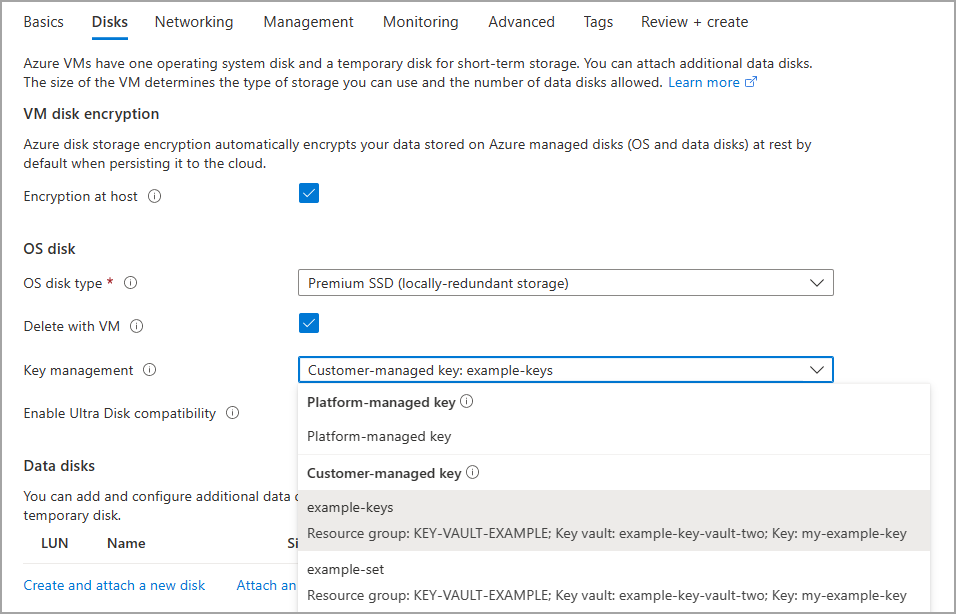 Screenshot: Datenträgerbereich für die Erstellung virtueller Computer mit hervorgehobener Option für die Verschlüsselung auf dem Host und ausgewählter Option für kundenseitig verwaltete Schlüssel