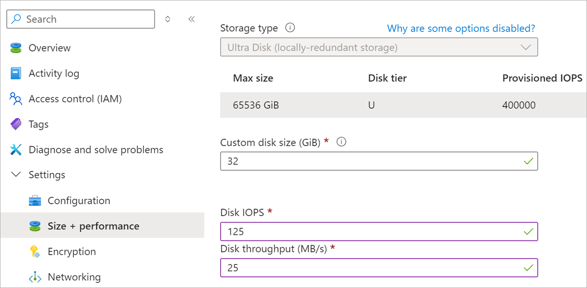 Screenshot des Konfigurationsblatts für Ihren Disk Ultra-Datenträger, auf dem die Optionen für Datenträgergröße, IOPS, Durchsatz und Speichern hervorgehoben sind.