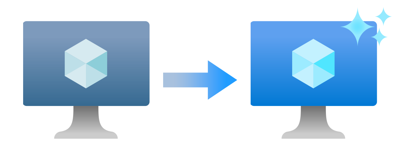 Ein Diagramm zeigt ein abgeblendetes Azure VM-Symbol mit einem Pfeil, der auf ein neues funkelndes Azure-VM-Symbol zeigt.