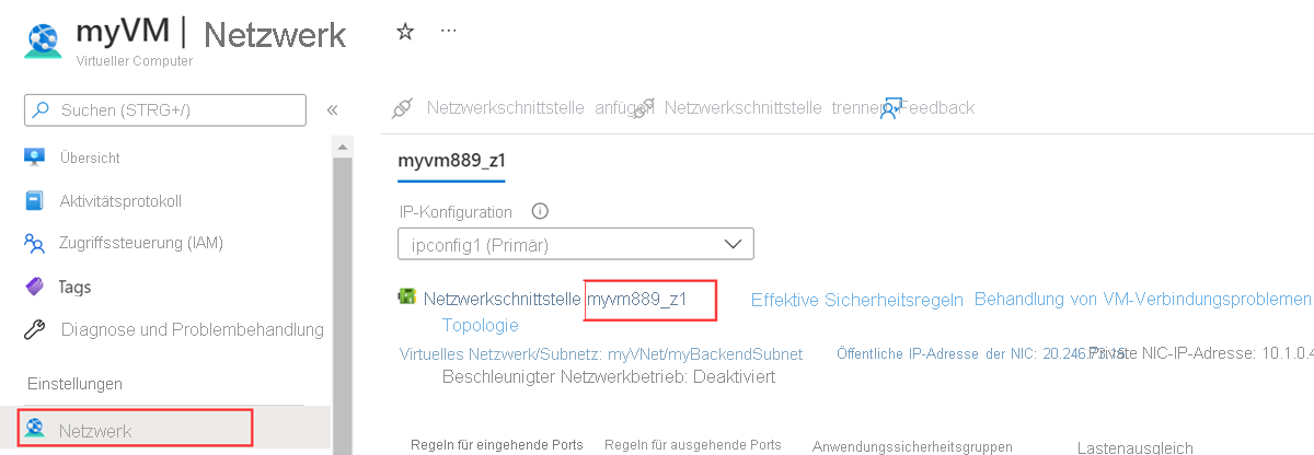 Screenshot: Auswahl von „Netzwerk“ unter „myVM“ sowie der Netzwerkschnittstelle