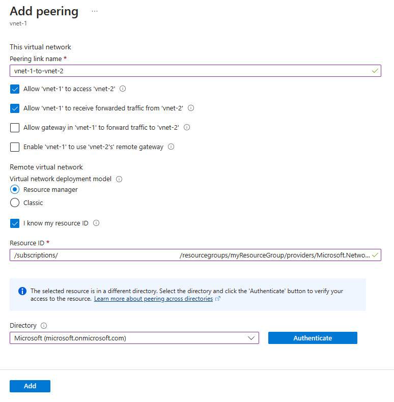 Screenshot of peering from vnet-1 to vnet-2.