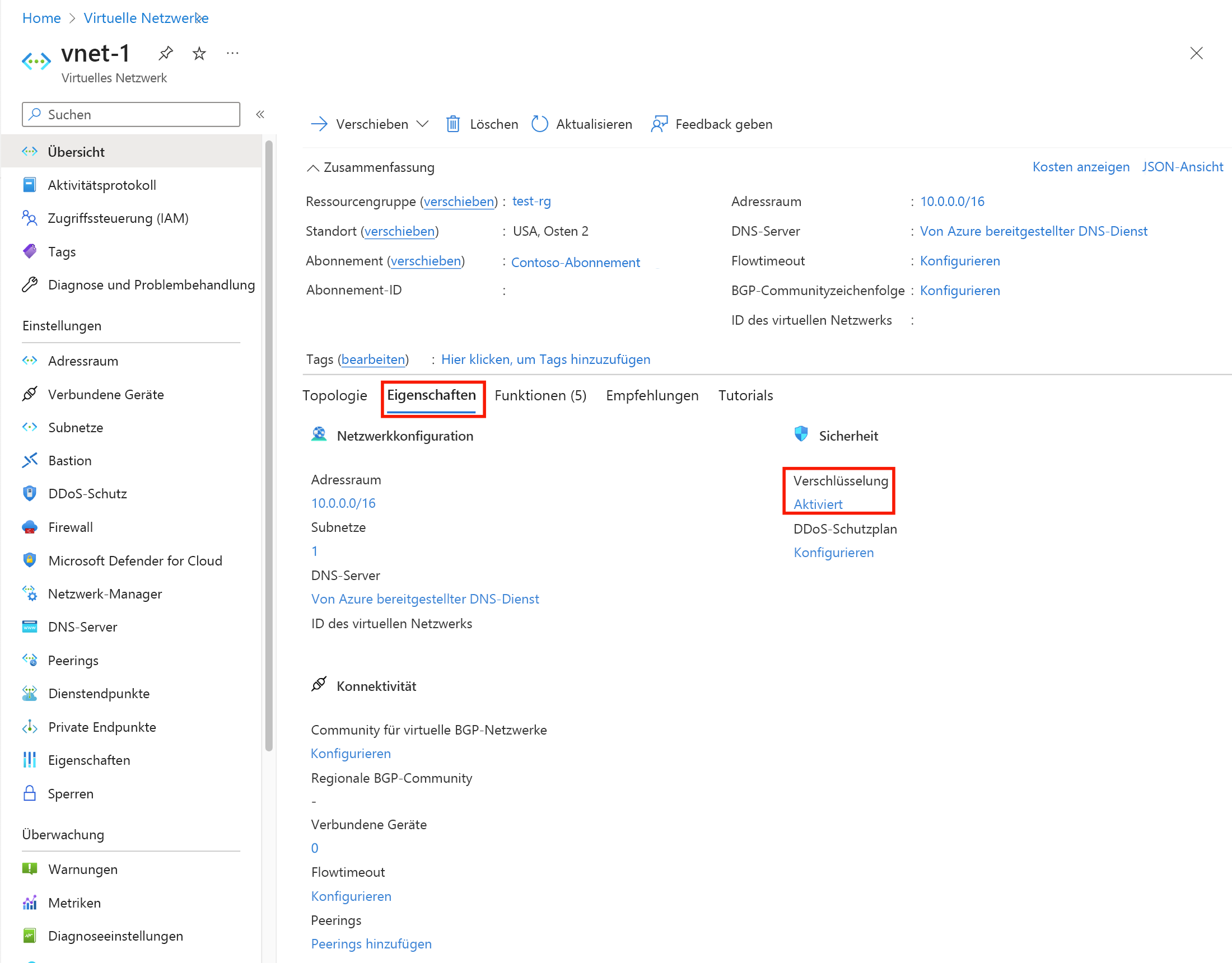 Screenshot der Eigenschaften des virtuellen Netzwerks mit Verschlüsselungsstatus auf „Aktiviert“.