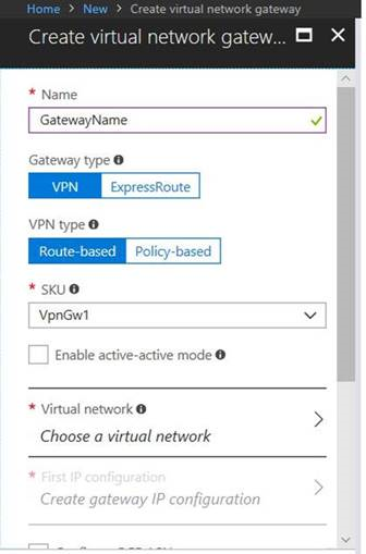 Abbildung zu den Einstellungen für das Gateway des virtuellen Netzwerks
