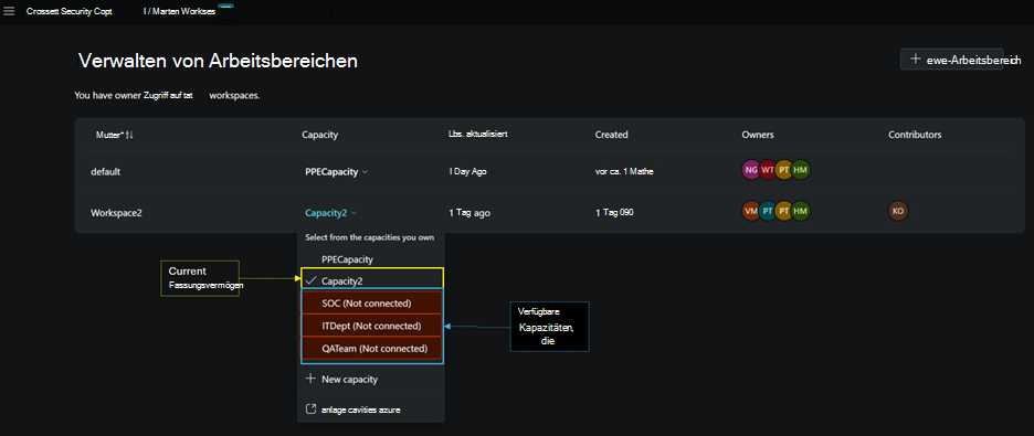 Abbildung der Seite zum Zuweisen und Wechseln von Kapazitäten.