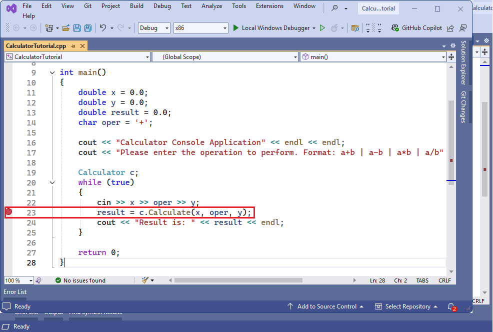 Screenshot des Visual Studio-Editors. Ein roter Punkt, der einen Haltepunkt darstellt, wird in der Zeile angezeigt: ergebnis = c.Calculate(x, oper, y).