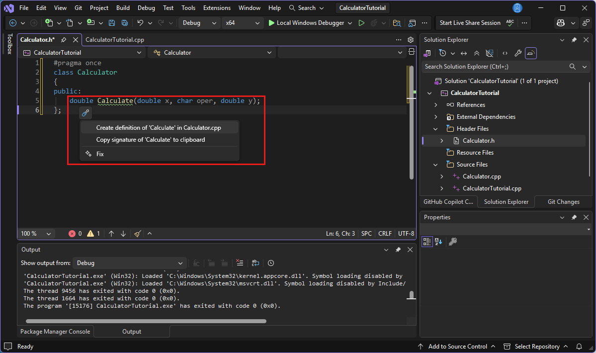 Screenshot der Dropdownliste „Schraubendreher“ im Visual Studio-Editor-Fenster, wobei die Option „Definition von Calculate in Calculator.cpp erstellen“ hervorgehoben ist.