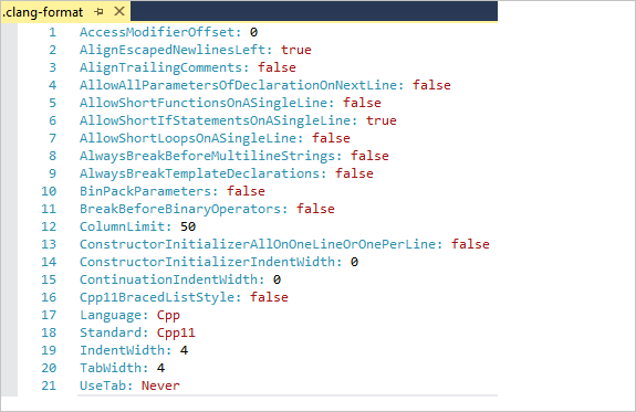 Screenshot mit einer Clang-Formatdatei, die viele Optionen wie Spaltenlimit, Einzugsbreite, Registerkartenbreite usw. enthält.