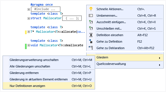 Screenshot des Fensters „Gliedern“ zeigt den Textkörper der Klassen reduziert. Optionen wie „Nur Definitionen anzeigen“, „Alle Gliederungen umschalten“ usw. sind sichtbar.