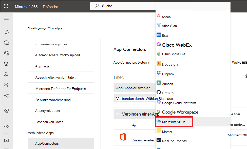 Screenshot: Azure Connector im Defender-Portal