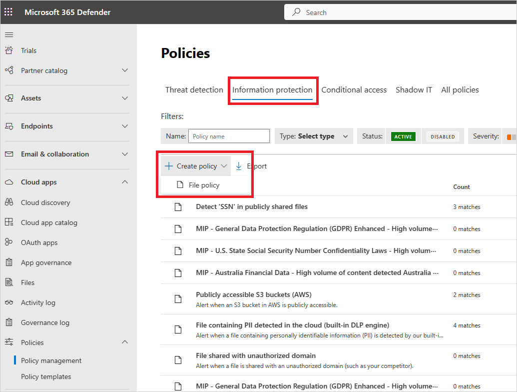 Erstellen Sie eine Information Protection Richtlinie.