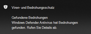 Microsoft Defender Benachrichtigung zu gefundenen Antivirenbedrohungen bietet Optionen zum Abrufen von Details