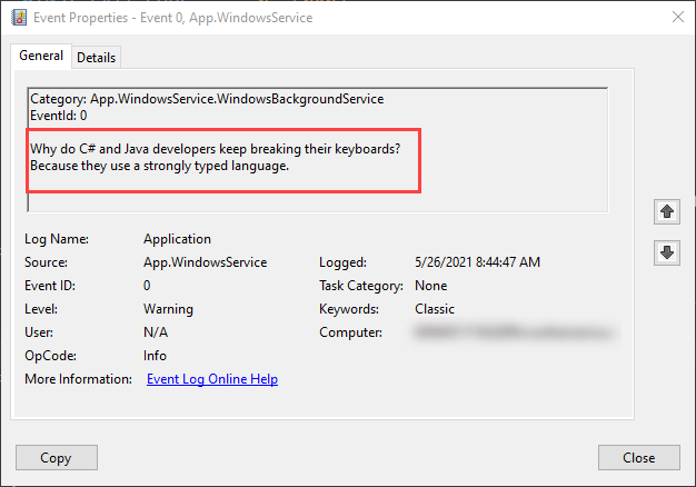 The Event Properties dialog, with details logged from the service