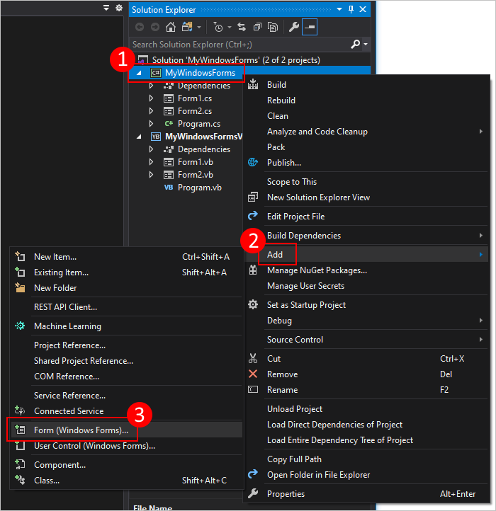 Klicken Sie mit der rechten Maustaste auf den Projektmappen-Explorer, um dem Windows Forms-Projekt neues Formular hinzuzufügen.