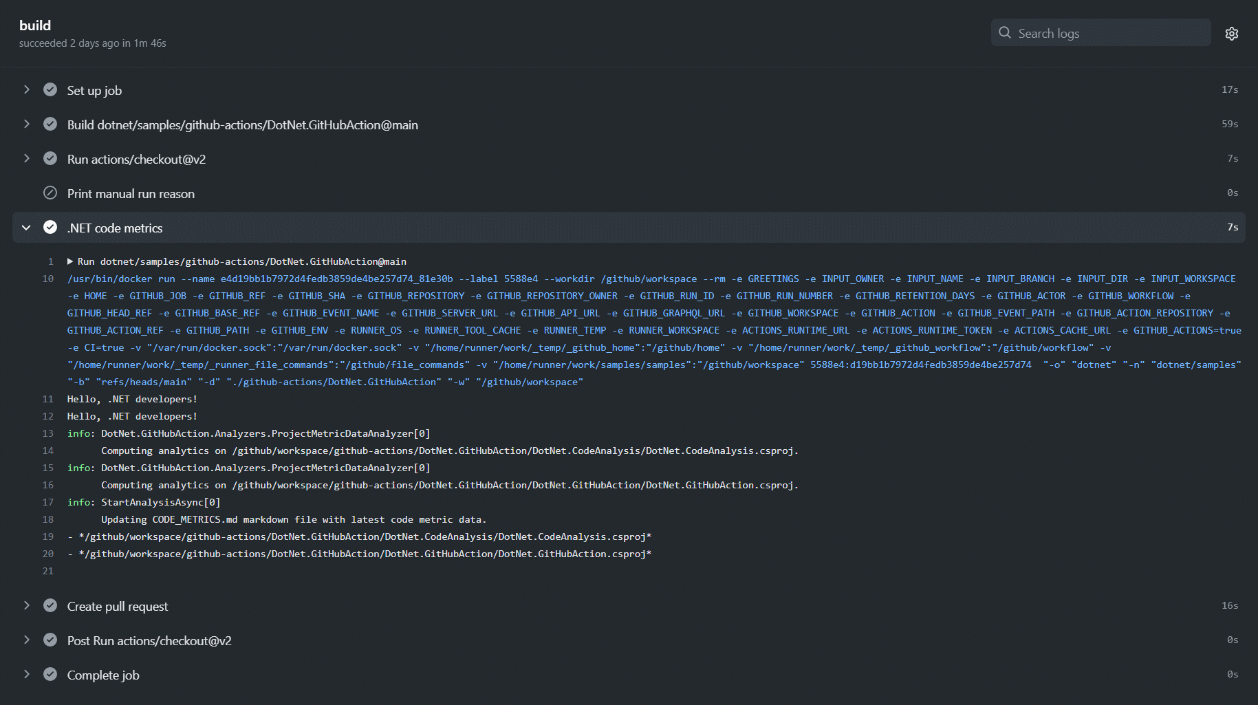 .NET code metrics - GitHub Actions log