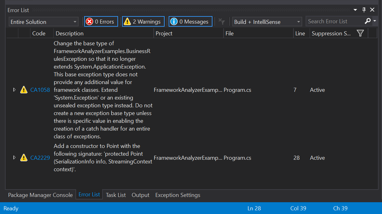 Von .NET Framework-Analyzern gemeldete Probleme.