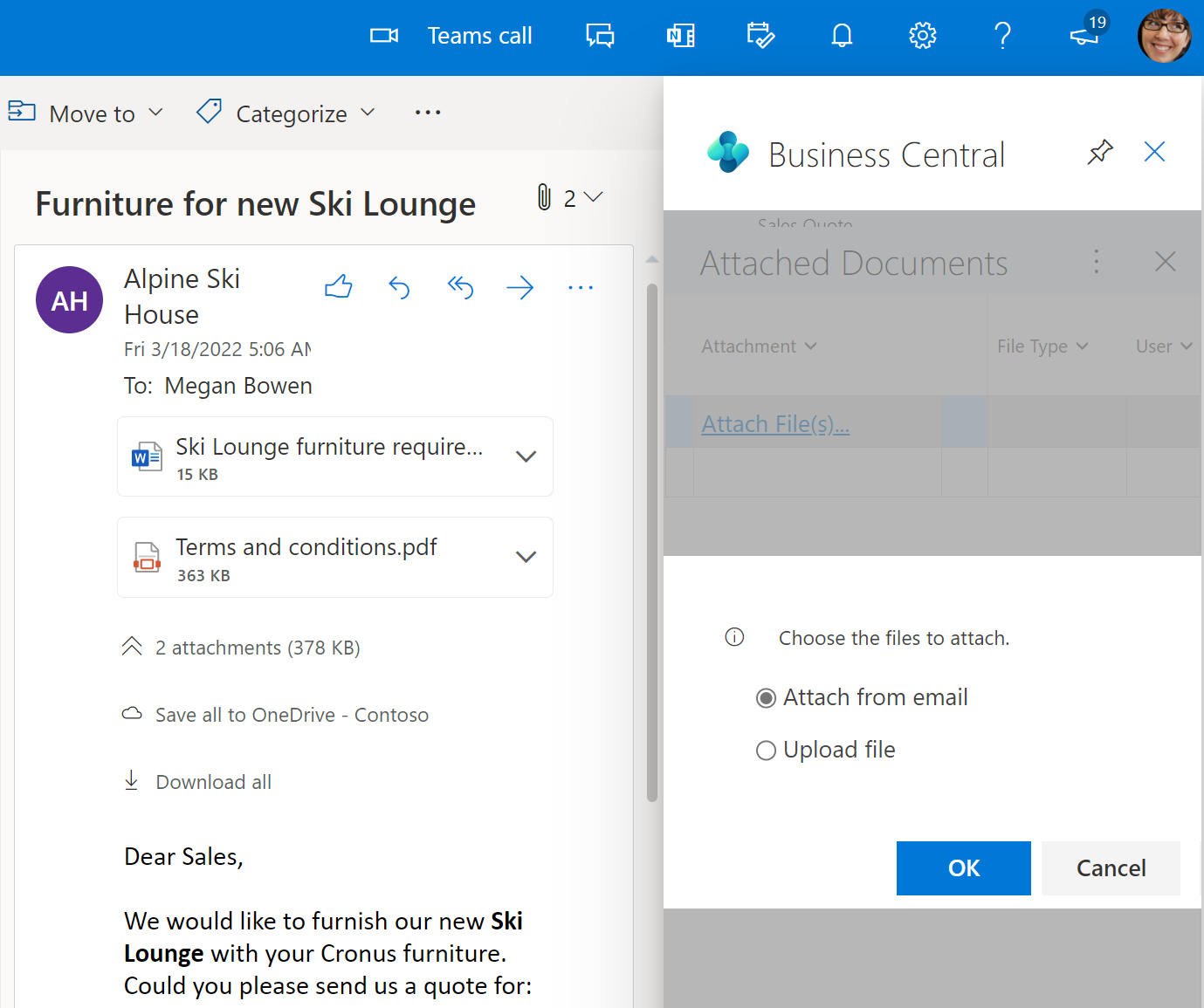 Zeigt, wie Anhänge aus einer E-Mail zu Datensätzen in Business Central hinzugefügt werden.