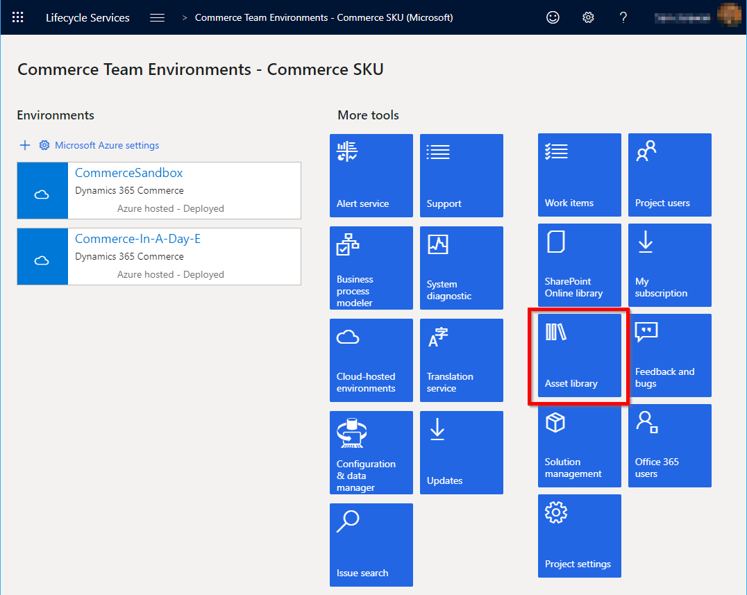 Screenshot of LCS project screen with the Asset library tile highlighted.
