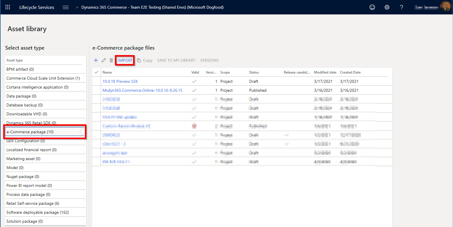 Screenshot of LCS Asset library page with the E-commerce package tab and Import button highlighted.