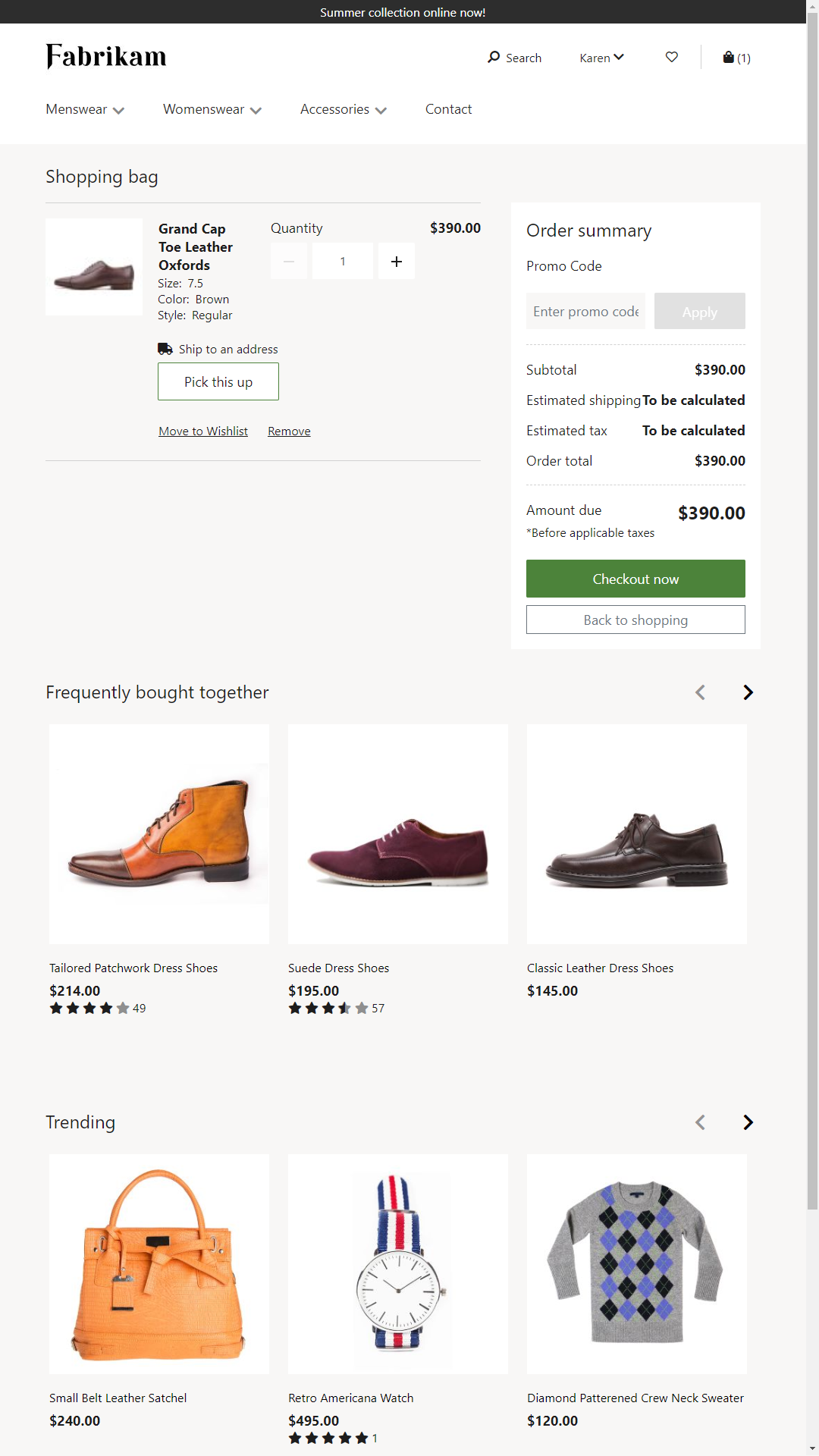 Screenshot eines Einkaufswagenmoduls auf der Fabrikam-Website.