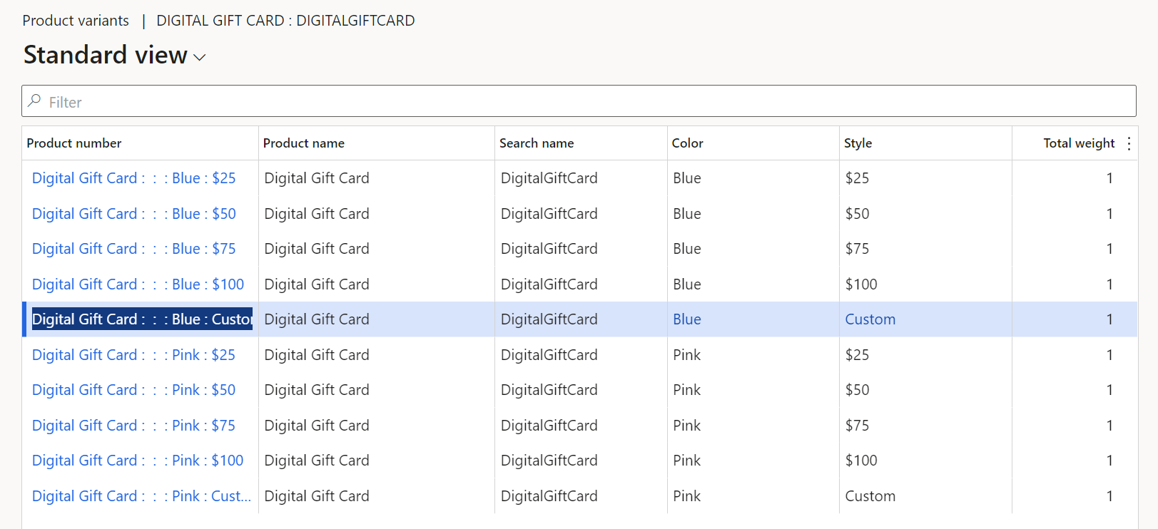 Screenshot der Varianten des digitalen Geschenkgutscheins mit benutzerdefiniertem Preisvariantenbeispiel.