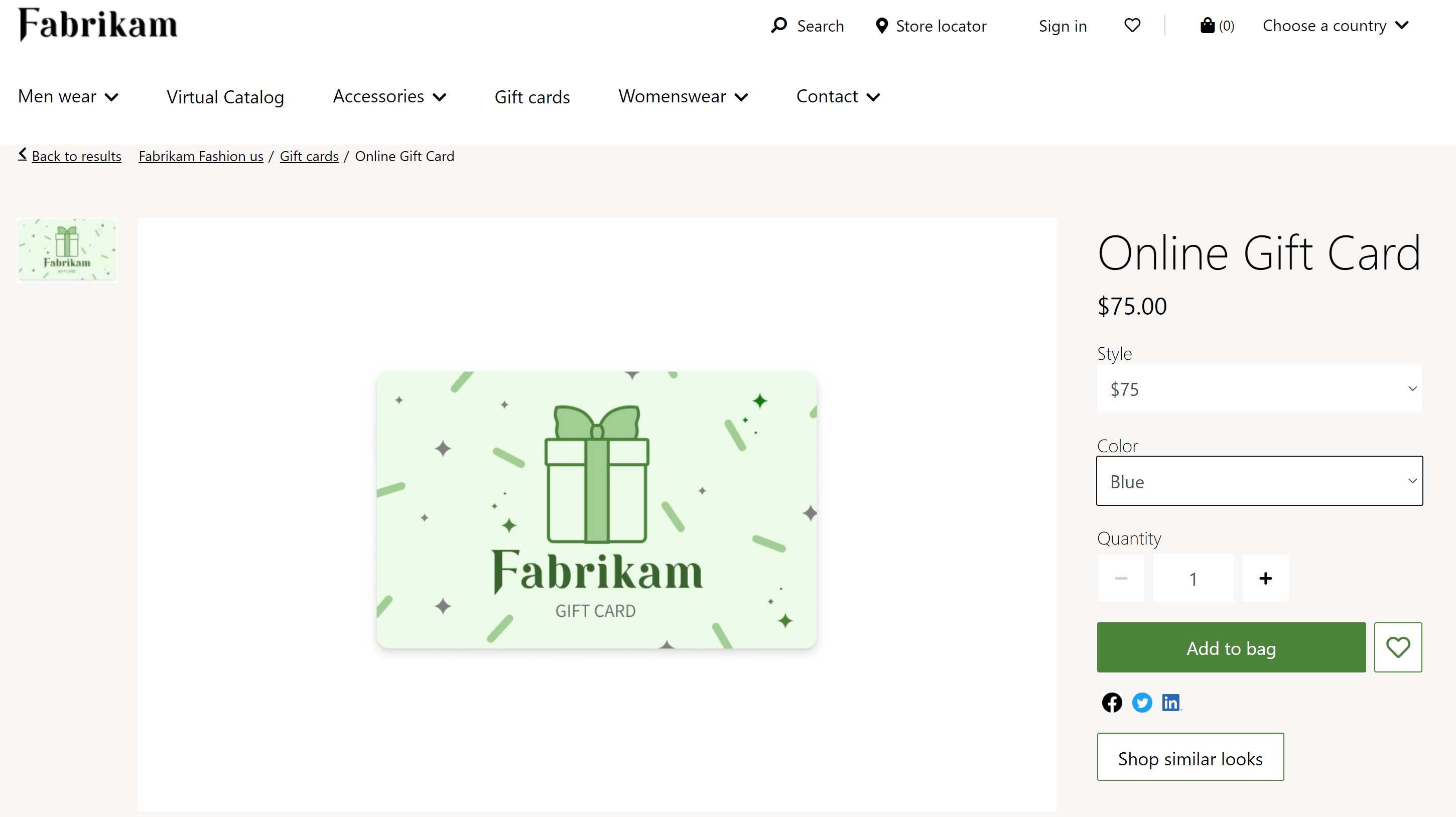 Screenshot einer Seite mit Produktdetails für digitale Geschenkkarten auf der Fabrikam-E-Commerce-Website.