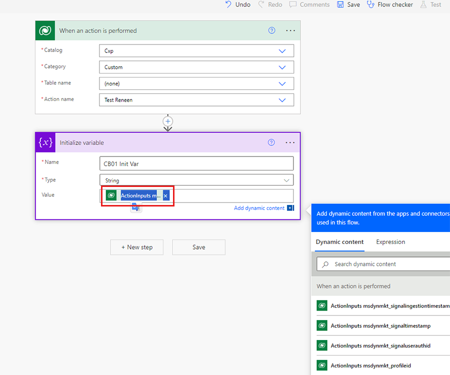 Screenshot der Erstellung eines Power Automate-Flows unter Verwendung des Attributs „Kontakt-ID“.