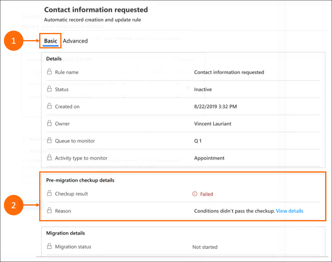 Migrationstool – Grundlegender Detailbildschirm für fehlgeschlagene Regeln.