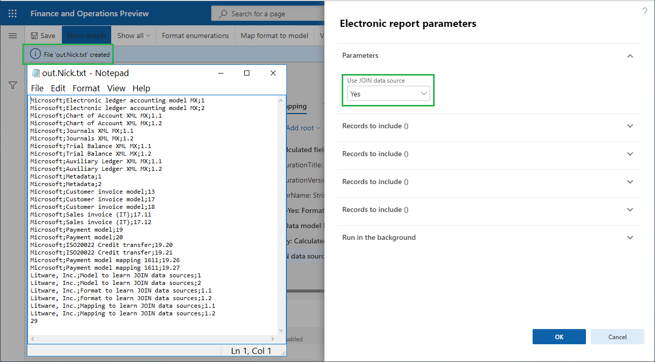 Elektronische Berichtsparameter generierte Datei mit JOIN-Datenquelle.