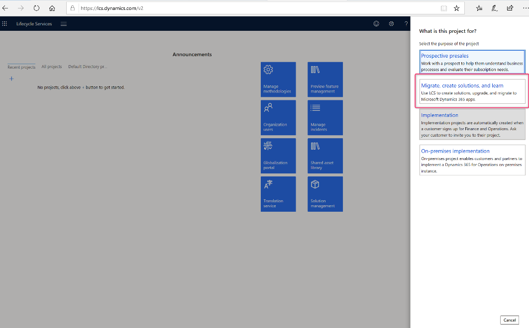 Screenshot zum Auswählen des Projekttyps von Lifecycle Services.