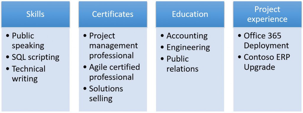 Beispiele für Fähigkeiten, Zertifizierungen, Ausbildung und Projekterfahrung.