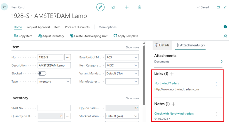 Screenshot der Elementkarte in Business Central mit den Datensatzlinks und Notizen.