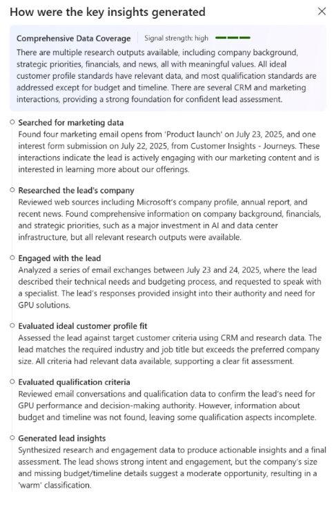 Screenshot von „So wurde dieser generierte Abschnitt der Lead-Rechercheseite im reinen Recherchemodus erstellt“.