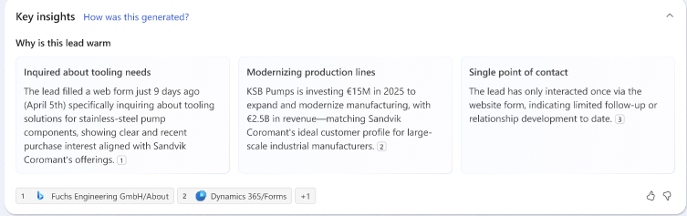 Screenshot der zentralen Erkenntnisse des Bereichs der Lead-Rechercheseite im Recherche- und Interaktionsmodus.