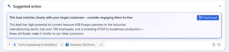 Screenshot der vorgeschlagenen Aktion des Bereichs der Lead-Rechercheseite im Recherche- und Interaktionsmodus.