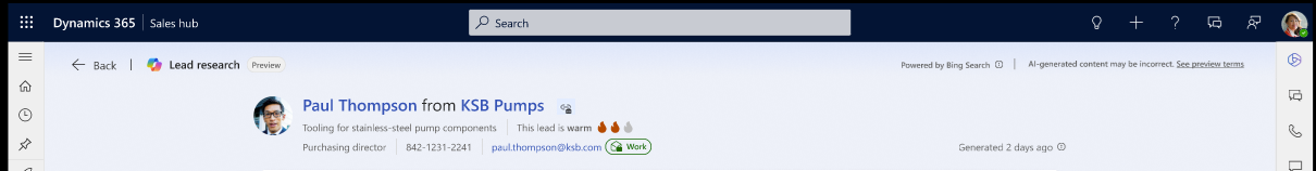 Screenshot der Kopfzeile der Lead-Rechercheseite im Recherche- und Interaktionsmodus.