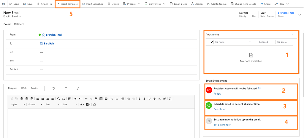 Screenshot der Seite „Neue E-Mail“ in Dynamics 365 Sales mit hervorgehobenen E-Mail-Nachverfolgungsfunktionen