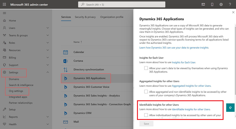 Ein Screenshot der Microsoft 365 Admin Center-Organisationseinstellungen mit angezeigtem Zustimmungsformular für Dynamics 365 Apps.
