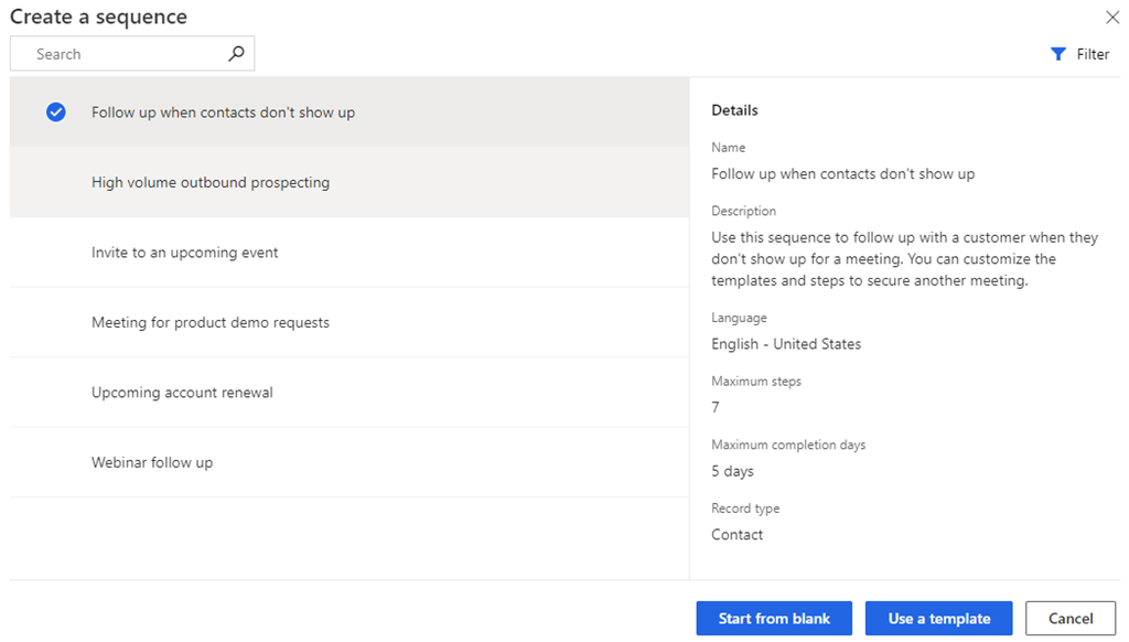 Screenshot der Auswahl einer Option zum Erstellen einer Sequenz in Dynamics 365 Sales.