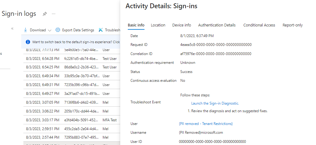 Screenshot: Aktivitätsdetails für eine erfolgreiche Anmeldung.