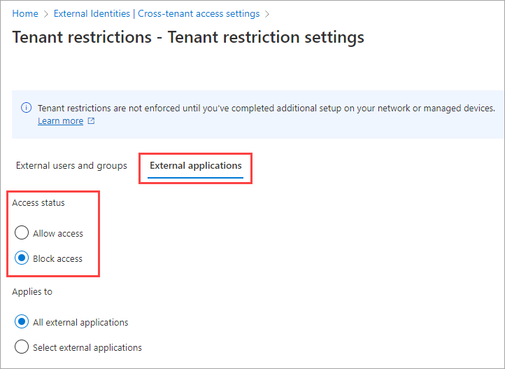 Screenshot, der den Zugriffsstatus auf der Registerkarte „Externe Anwendungen“ zeigt.