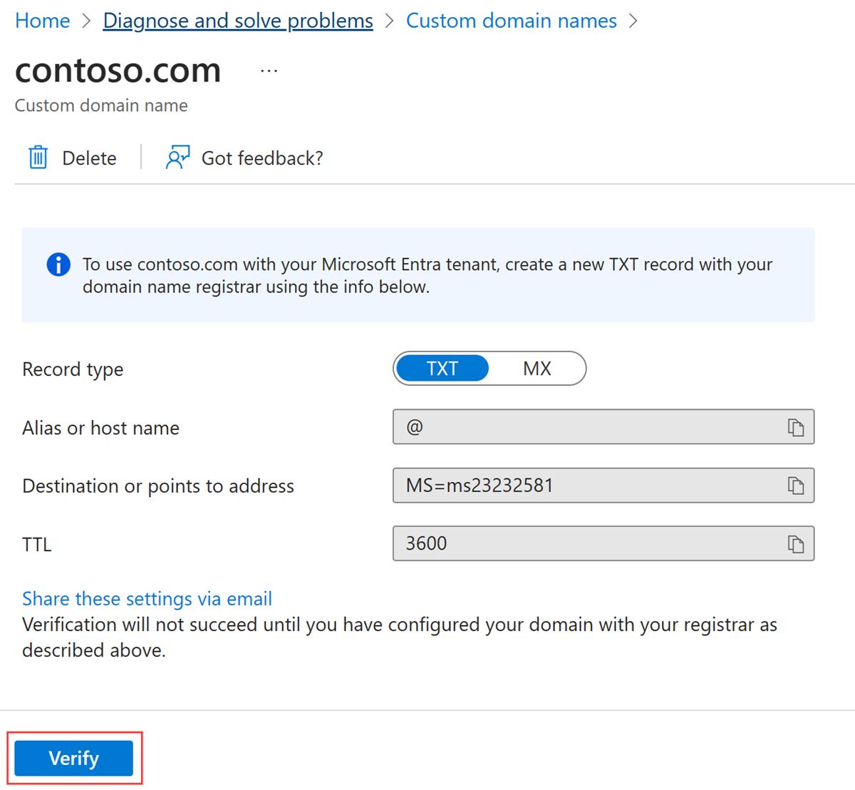 Screenshot: Seite für Contoso mit DNS-Eintragsinformationen und der Schaltfläche „Überprüfen“